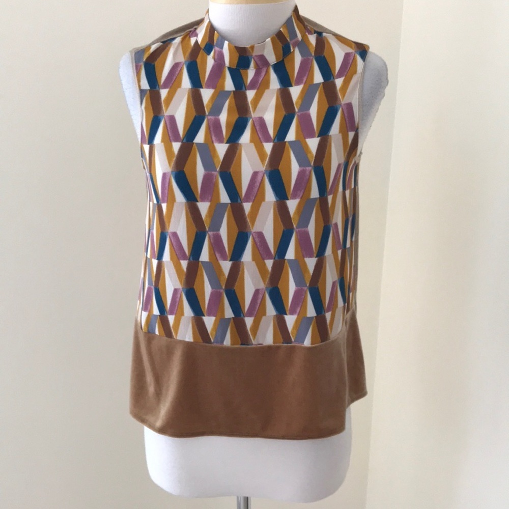 ZARA size S mustard multi high neck printed top